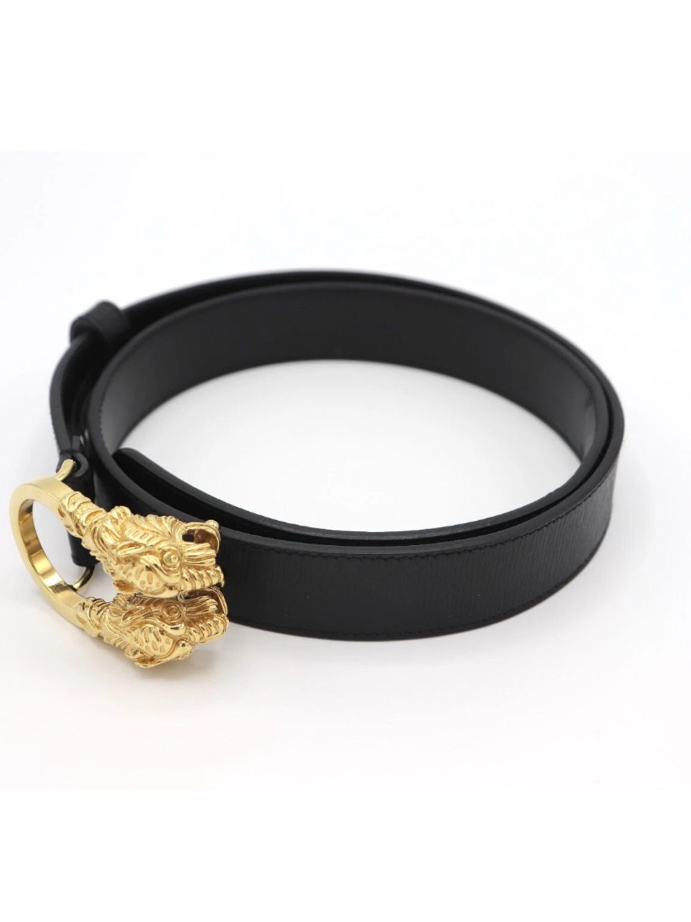 Authentic GUCCI Double Tiger Head Buckle Leather Belt 80・32・037・1766・1424 Black